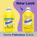 Two yellow Fabuloso lemon-scent cleaner bottles side-by-side with text indicating a new look and same scent