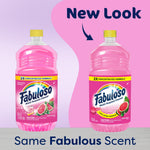 Two pink Fabuloso bottles shown side-by-side against pink background with 'New Look' callout