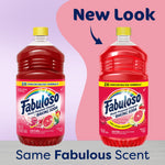 Two red Fabuloso cleaner bottles side by side with text 'New Look' and pink-purple gradient background.