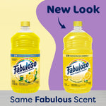 Two yellow Fabuloso lemon-scent bottles side by side with text ‘New Look’ and ‘Same Fabulous Scent’ on a purple and cream background.