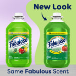 Two green Fabuloso 2X Passion of Fruits cleaner bottles side by side on colorful background with “New Look” and same scent note