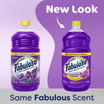 Two purple Fabuloso bottles showing old and new label look on a lavender gradient background