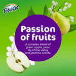 Graphic showing text “Passion of fruits” with images of green apple, pear and white flowers on a green background with Fabuloso logo