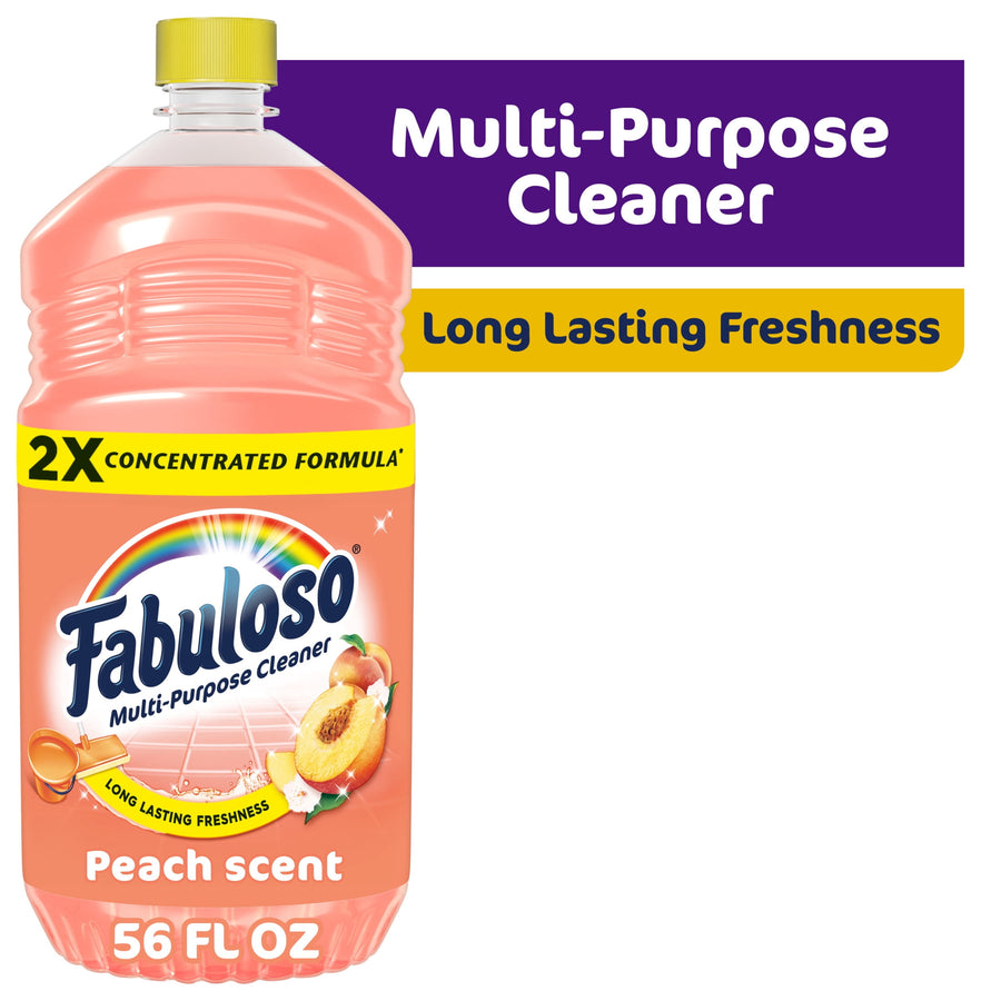 Clear bottle of Fabuloso peach-scent multi-purpose cleaner with yellow cap and 2X concentrated label