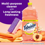 Fabuloso peach-scent 2X bottle styled with cleaning cloths and a peach, advertising long lasting freshness