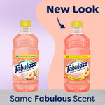Graphic showing old and new bottle designs for Fabuloso peach‑scent cleaner with 'New Look' callout and arrow.