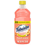 Clear plastic bottle of Fabuloso peach-scent multi-purpose cleaner with yellow cap and 2X concentrated formula label