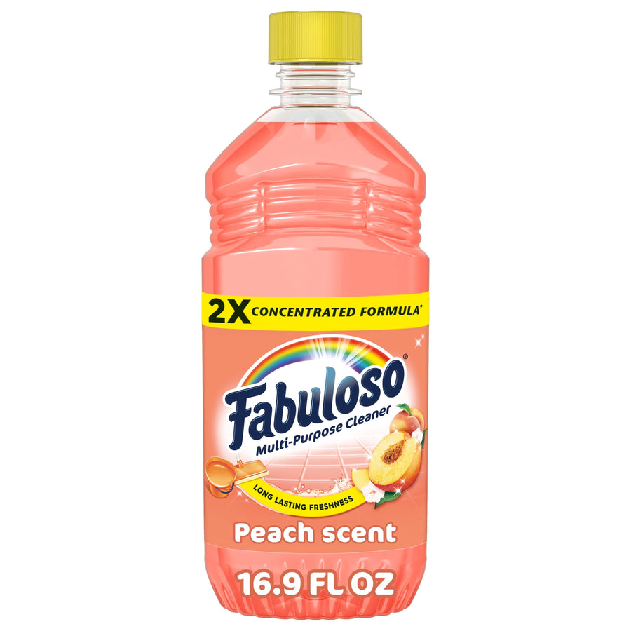 Clear plastic bottle of Fabuloso peach-scent multi-purpose cleaner with yellow cap and 2X concentrated formula label