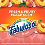 Fabuloso peach branding artwork with peaches and text 'Fresh & Fruity Peach Scent' on an orange background