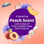 Promotional graphic with Fabuloso logo and purple circle reading 'A sparkling Peach Scent' surrounded by peaches and flowers.