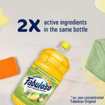 Tilted bottle of yellow Fabuloso pineapple multi-purpose cleaner with text highlighting 2X active ingredients