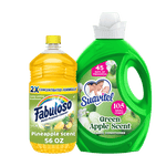 Side-by-side bottles: yellow Fabuloso pineapple cleaner and green Suavitel green apple fabric conditioner on white