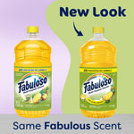 Two yellow Fabuloso bottles side-by-side with arrow and “New Look” text highlighting updated packaging.