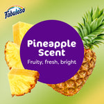 Close-up graphic of whole and sliced pineapple with purple circle reading “Pineapple Scent - Fruity, fresh, bright.”