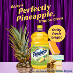 Fabuloso pineapple cleaner bottle with whole pineapple and colorful backdrop and text promoting perfectly pineapple tropical clean