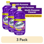 Three purple Fabuloso 2X multi-purpose cleaner bottles with lavender label and yellow caps, 56 fl oz pack graphic