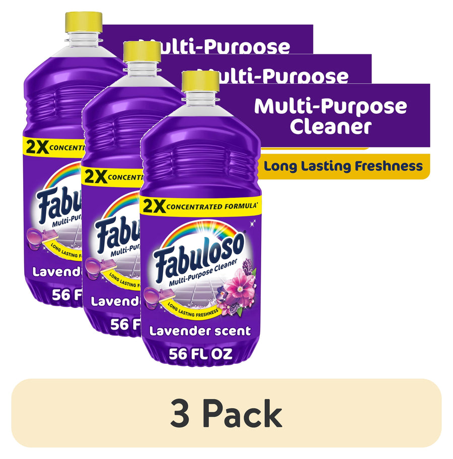 Three purple Fabuloso 2X multi-purpose cleaner bottles with lavender label and yellow caps, 56 fl oz pack graphic