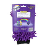 back of packaging for purple fabuloso microfiber mitt with care instructions and rainbow graphic