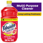 Single red Fabuloso multi-purpose cleaner bottle with yellow cap and citrus fruits label on white background.