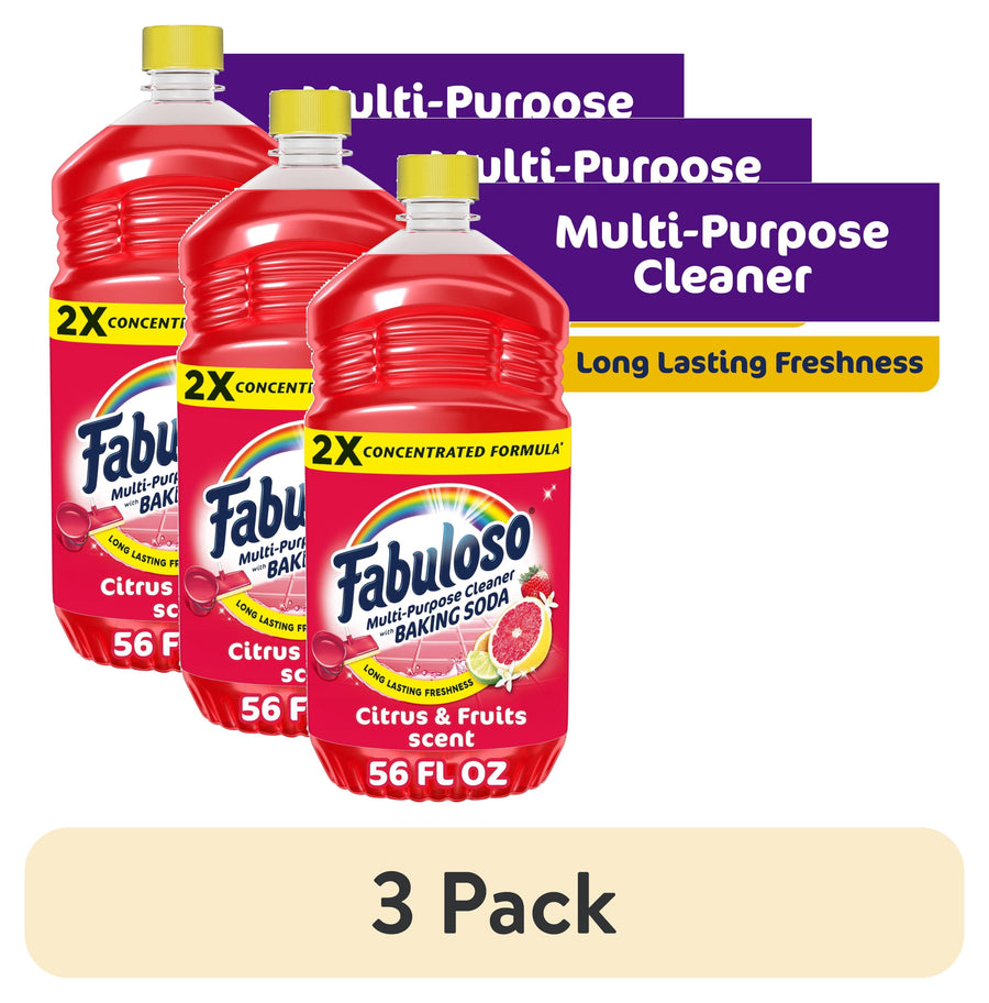 Three red Fabuloso multi-purpose cleaner bottles with yellow caps and '3 Pack' label in background.