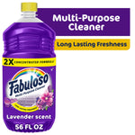 Single purple Fabuloso 2X multi-purpose cleaner bottle with lavender scent label and yellow cap beside multi-purpose cleaner banner