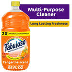 Bottle of Fabuloso tangerine multi-purpose cleaner with 2X label on white background