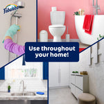 Split-room graphic showing bathroom, kitchen, and entryway with text ‘Use throughout your home!’ and Fabuloso logo