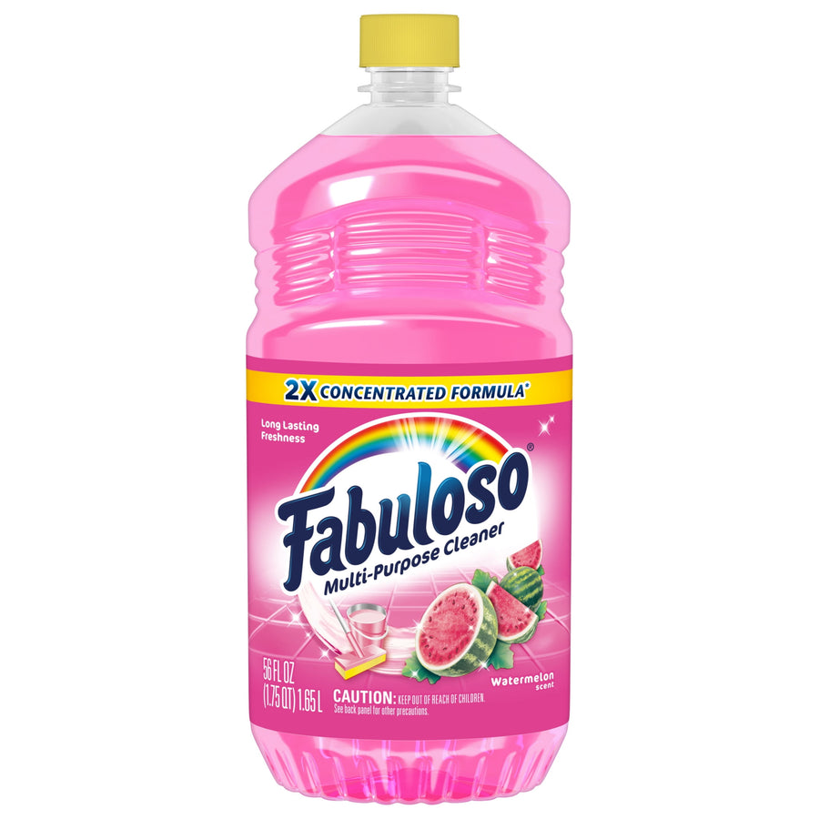 56 fl oz bottle of Fabuloso multi-purpose cleaner, watermelon scent, pink liquid with yellow cap, front label shown.