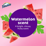 Graphic circle reading 'Watermelon scent' surrounded by watermelon slices and Fabuloso logo on pink background