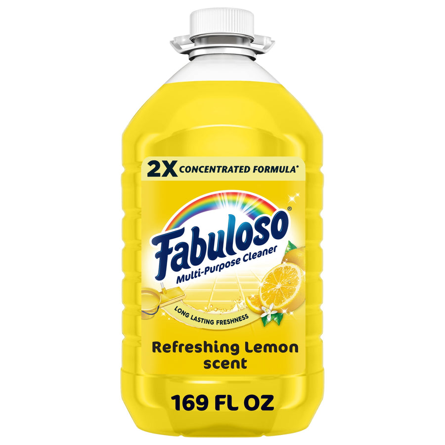 Yellow Fabuloso 2X concentrated multi-purpose cleaner bottle labeled Refreshing Lemon scent with lemon graphic