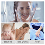 Collage showing facial cleansing, baby care and travel uses with a smiling woman washing her face and small usage photos