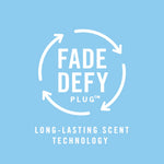 Simple blue panel with circular arrows and bold text ‘FADE DEFY PLUG’ and subtext ‘LONG-LASTING SCENT TECHNOLOGY’.