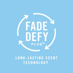 Blue graphic with circular arrows and text “Fade Defy Plug - Long-Lasting Scent Technology.”