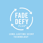 Blue graphic with circular arrows and text 'FADE DEFY PLUG' and 'Long-Lasting Scent Technology'