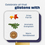 Ingredient-style infographic showing fall leaves, an evergreen sprig, and a wood slice labeled crisp fall air, aromatic evergreen, warm sandalwood.