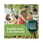 Grilling family scene with green banner that reads breathable formula & non irritant to skin