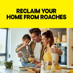 Smiling family cooking together in a kitchen beneath a bold yellow banner reading reclaim your home from roaches