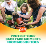 Family gardening scene overlaid with OFF! logo and text about protecting backyard moments from mosquitoes