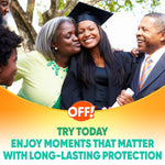 Graduation celebration photo of family hugging a graduate with OFF! logo and copy promoting enjoying moments with long-lasting protection