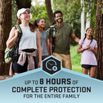 Outdoor lifestyle image of a smiling family walking in a park with graphic banner advertising up to 8 hours of protection
