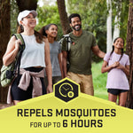 Family of four smiling and hiking in woods with banner stating 'Repels mosquitoes for up to 6 hours'