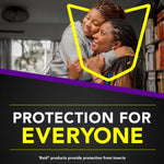 Smiling adult and child hugging with a yellow shield graphic and bold headline ‘Protection for Everyone’