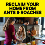 Smiling family in a kitchen with bold text reading reclaim your home from ants & roaches