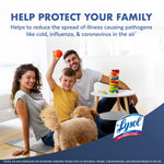 Lifestyle image of a smiling family with a dog in a living room and Lysol logo with headline about protecting your family.