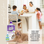 Kitchen lifestyle scene with family at an island, a dog in foreground and a Quick Shine bottle and Safer Choice badge at lower left.