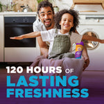 Smiling adult and child in a laundry room with a laundry basket and a visible Odor Blasters bottle, overlay text '120 hours of lasting freshness'.