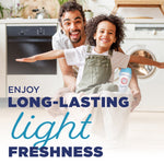 Smiling adult and child in a laundry room scene with Arm & Hammer Light bottle and large text ‘ENJOY LONG-LASTING light FRESHNESS’