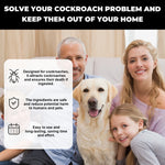 family with a dog on a couch with an overlay listing cockroach control features and icons