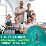 Family portrait-style graphic with an inset showing two stainless steel tongue scrapers and headline about a healthy habit for the whole family.