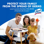 Lifestyle image with smiling family and dog under headline about protecting your family from the spread of germs with Lysol branding.